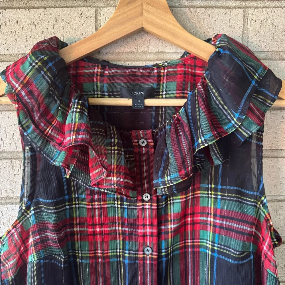 J Crew Sleeveless ruffle-collar top in black Stewart tartan | plaid | Sz Small